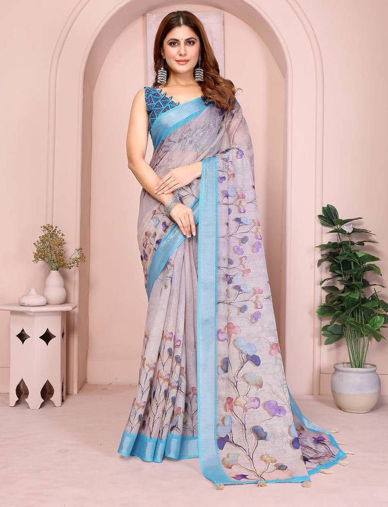 Light grey printed art silk designer pallu saree