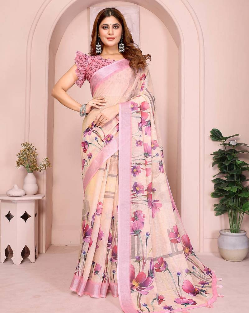 Dark peach printed art silk designer pallu saree