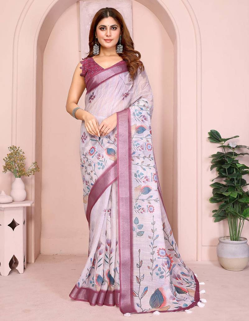 Light grey printed art silk designer pallu saree