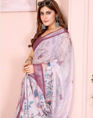 Light grey printed art silk designer pallu saree 4