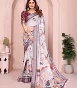 Light grey printed art silk designer pallu saree