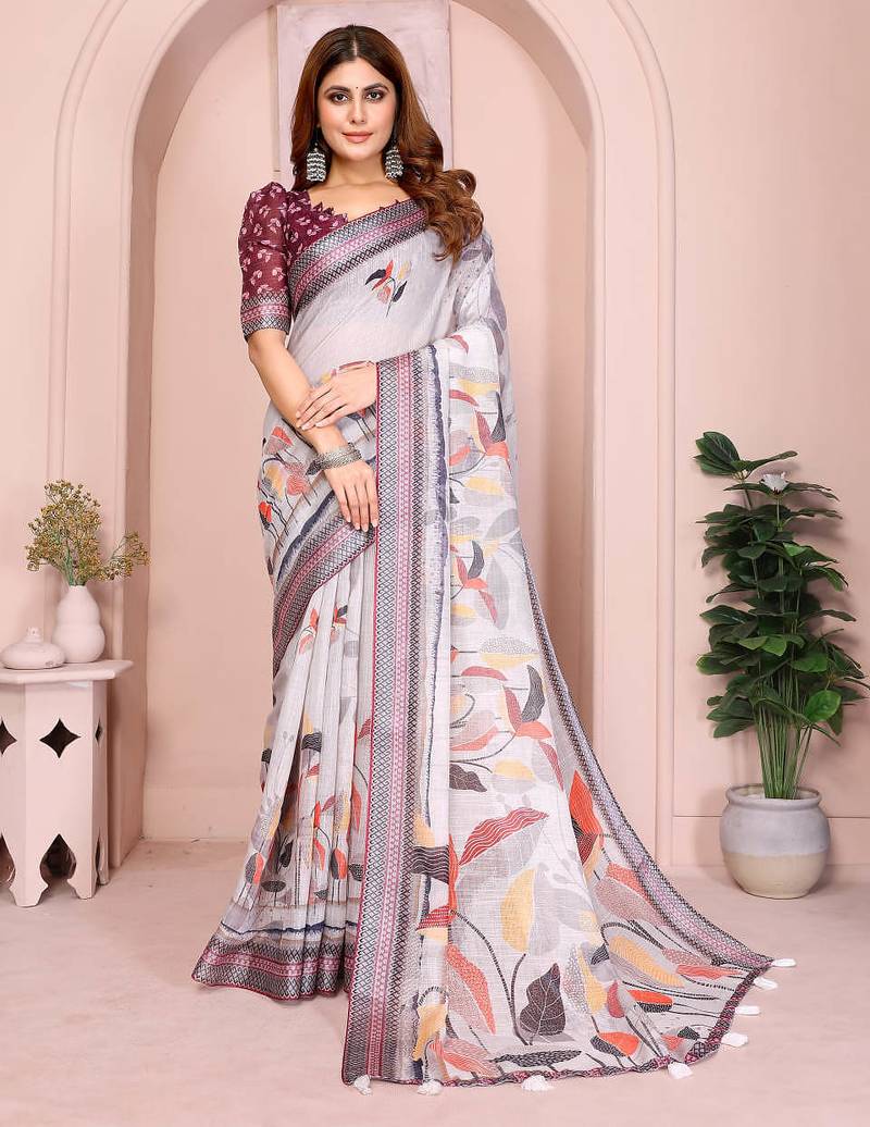 Light grey printed art silk designer pallu saree