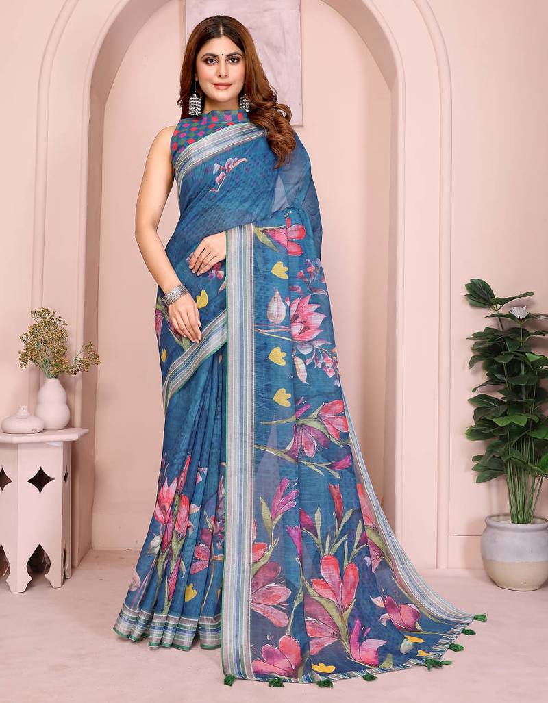 Teal printed art silk designer pallu saree