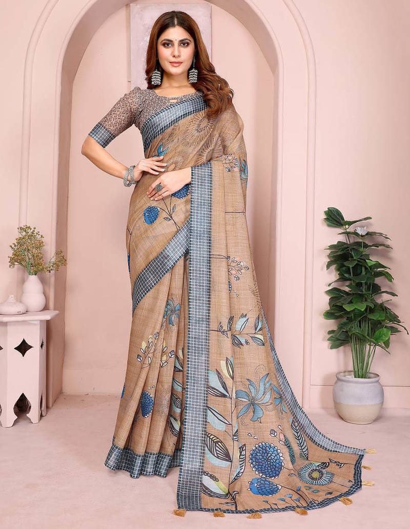 Brown printed art silk designer pallu saree