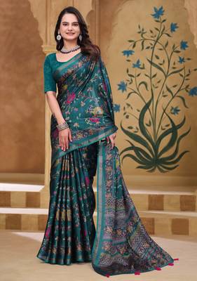 Rama green printed art silk designer pallu saree 1