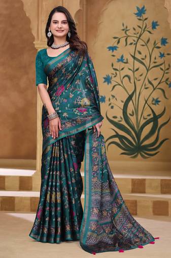Rama green printed art silk designer pallu saree