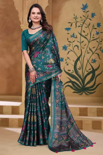 Rama green printed art silk designer pallu saree