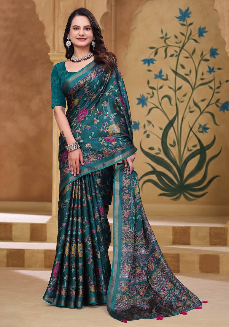 Rama green printed art silk designer pallu saree