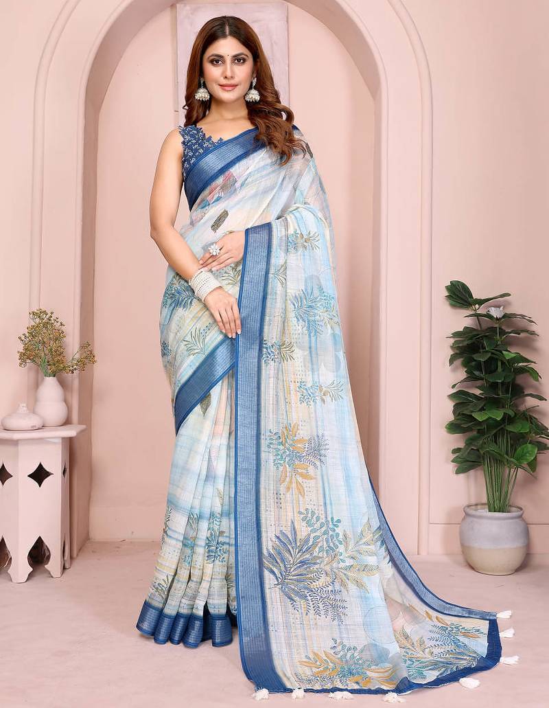 Sky blue printed art silk designer pallu saree