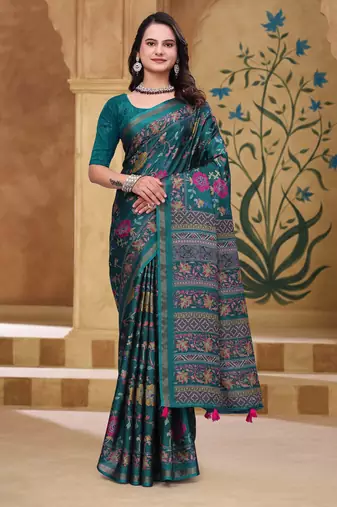 Rama green printed art silk designer pallu saree