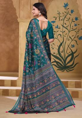 Rama green printed art silk designer pallu saree 3