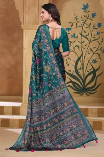 Rama green printed art silk designer pallu saree