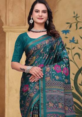 Rama green printed art silk designer pallu saree 4