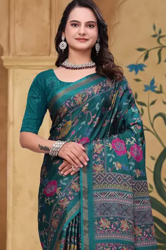 Rama green printed art silk designer pallu saree