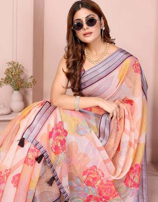 Peach printed art silk designer pallu saree 4