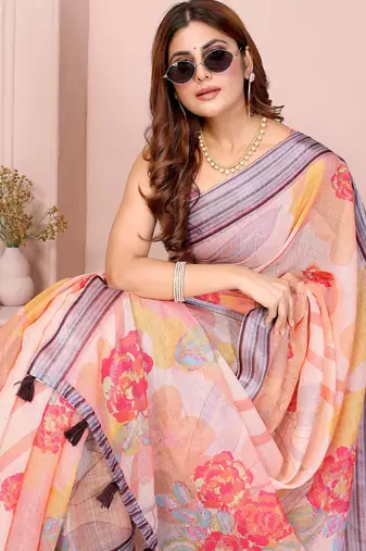 Peach printed art silk designer pallu saree