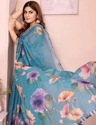 Teal printed art silk designer pallu saree 4