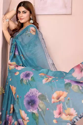Teal printed art silk designer pallu saree