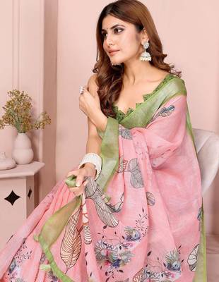 Peach printed art silk designer pallu saree 4