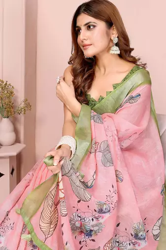 Peach printed art silk designer pallu saree