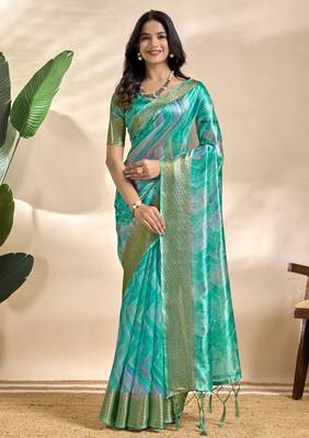 Rama green printed art silk designer pallu saree 1
