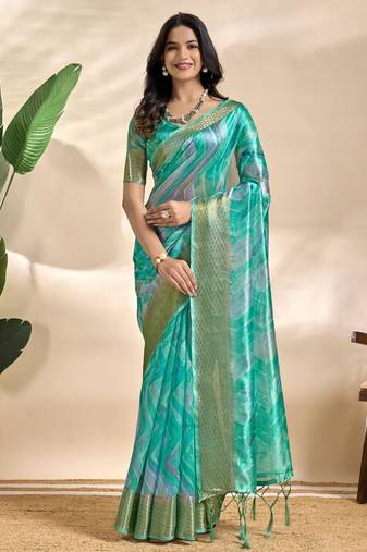 Rama green printed art silk designer pallu saree