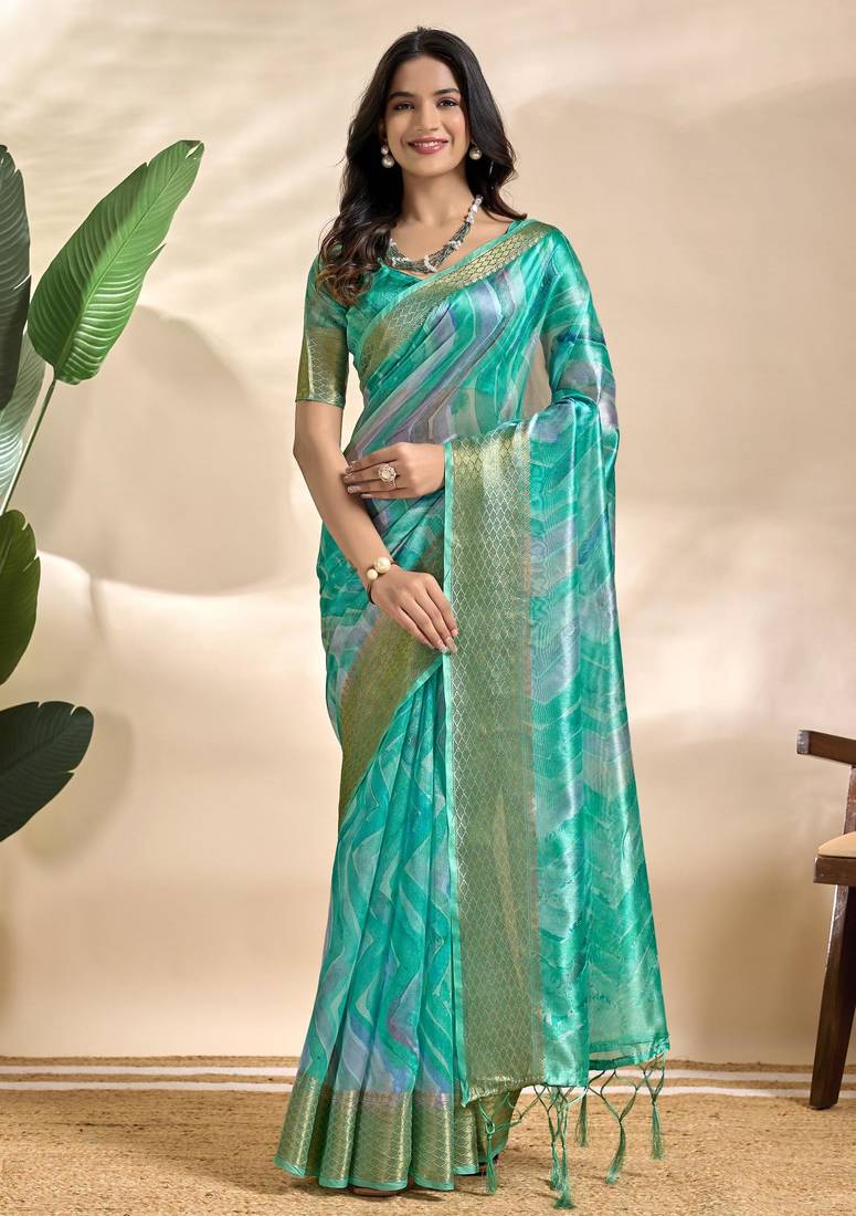 Rama green printed art silk designer pallu saree