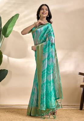 Rama green printed art silk designer pallu saree 2