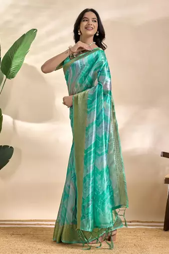 Rama green printed art silk designer pallu saree