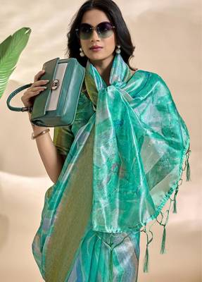 Rama green printed art silk designer pallu saree 4