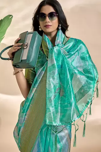 Rama green printed art silk designer pallu saree