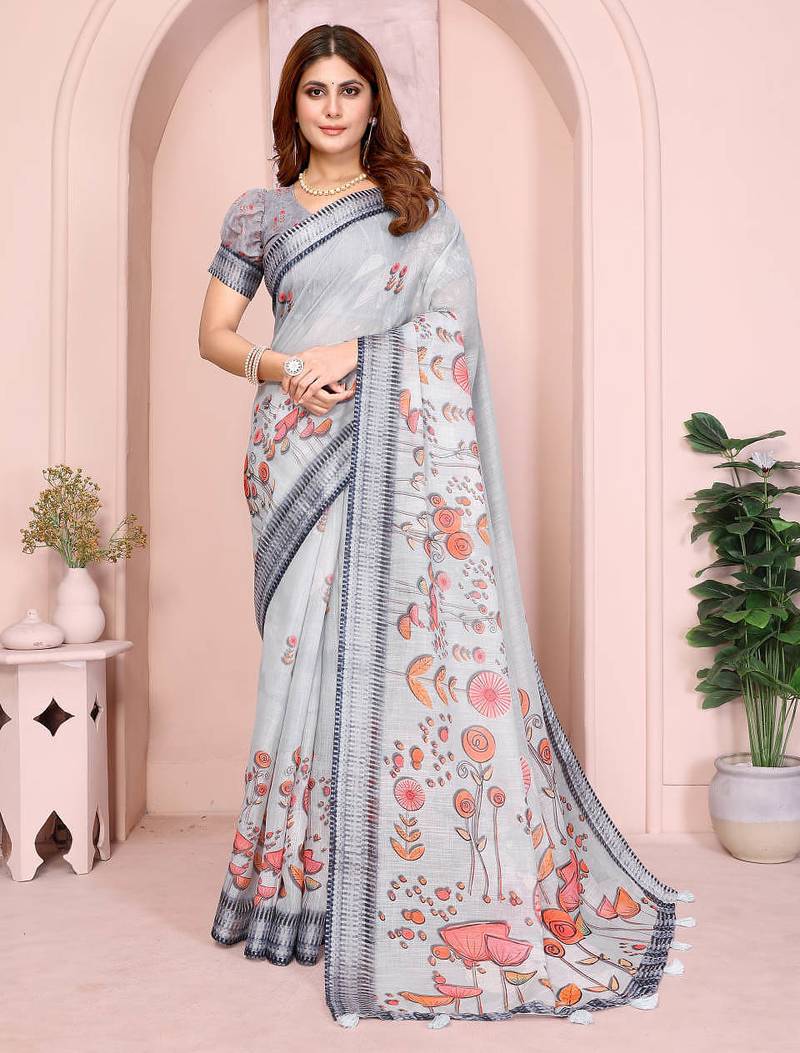Light grey printed art silk designer pallu saree