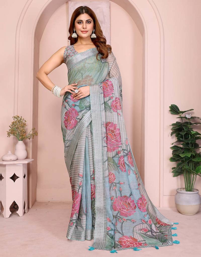 Light grey printed art silk designer pallu saree