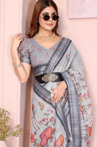 Light grey printed art silk designer pallu saree