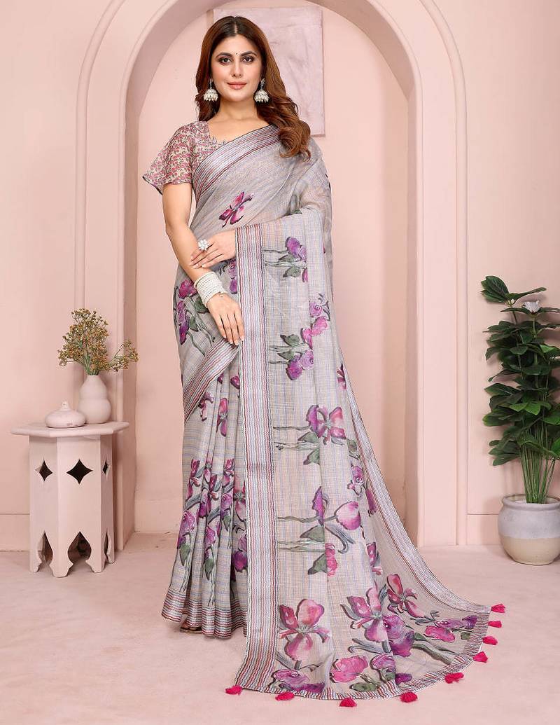 Light grey printed art silk designer pallu saree