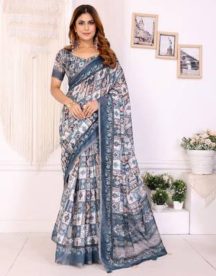 Grey printed art silk designer pallu saree 1