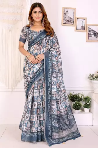 Grey printed art silk designer pallu saree