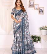 Grey printed art silk designer pallu saree
