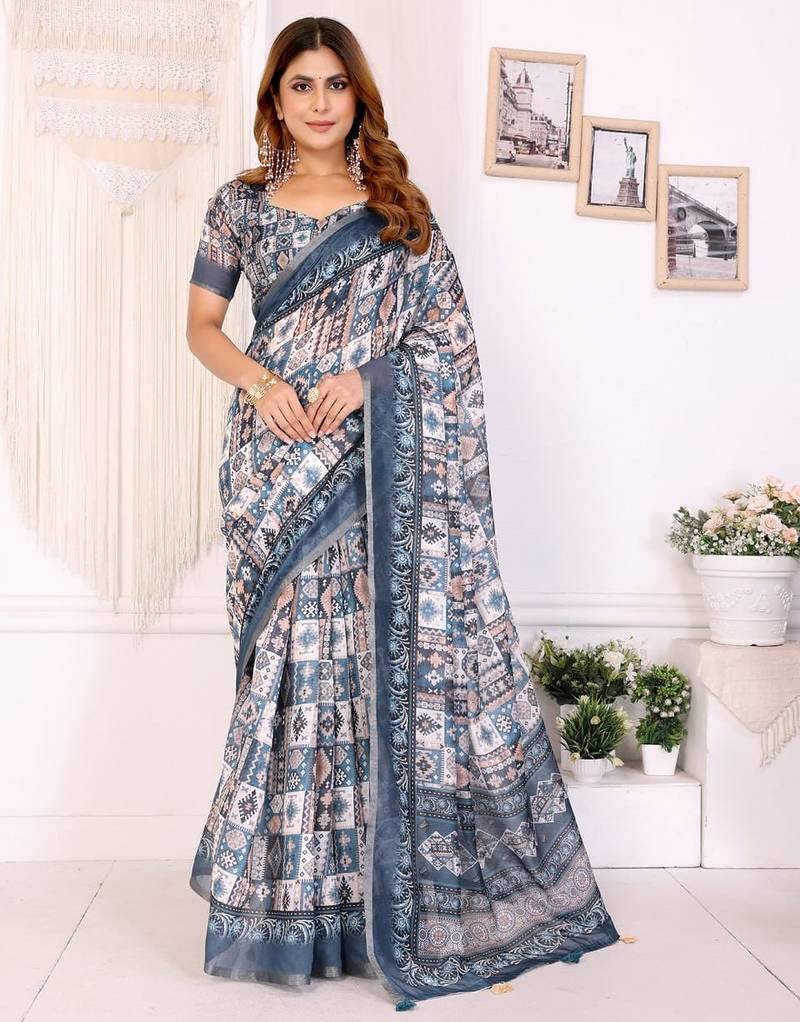 Grey printed art silk designer pallu saree