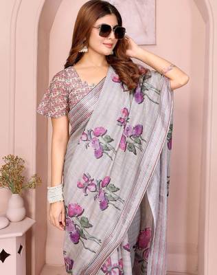 Light grey printed art silk designer pallu saree 4