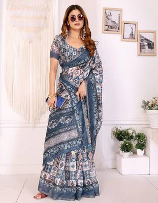 Grey printed art silk designer pallu saree 2