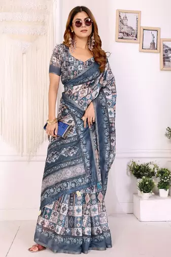 Grey printed art silk designer pallu saree