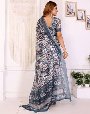 Grey printed art silk designer pallu saree 3