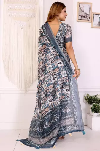 Grey printed art silk designer pallu saree
