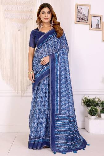 Blue printed art silk designer pallu saree