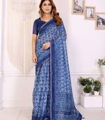 Blue printed art silk designer pallu saree