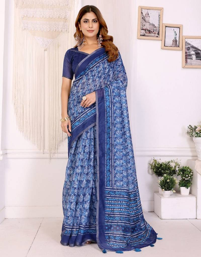 Blue printed art silk designer pallu saree