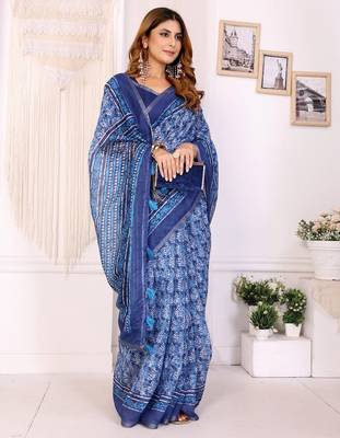 Blue printed art silk designer pallu saree 2