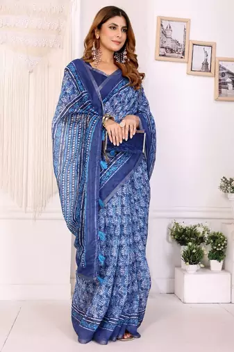 Blue printed art silk designer pallu saree
