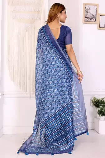 Blue printed art silk designer pallu saree